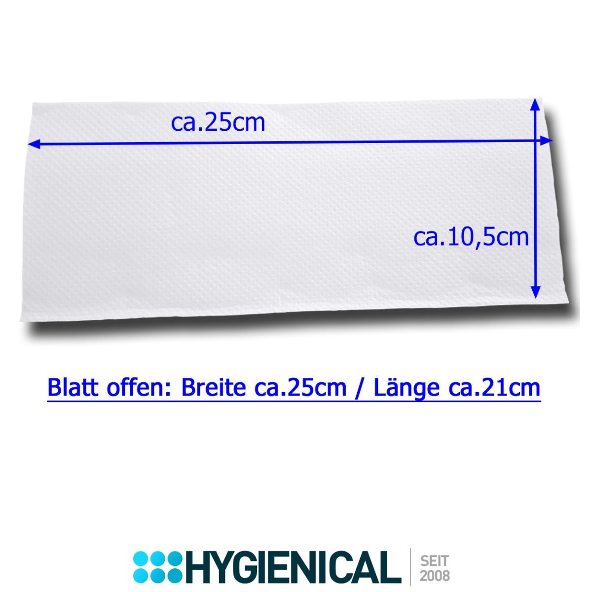Einzelnes Papierhandtuch mit Maßangabe ca. 25 cm Breite, ca. 10,5 cm Höhe Einzelnes Papierhandtuch mit Maßangabe ca. 25 cm Breite, ca. 10,5 cm Höhe