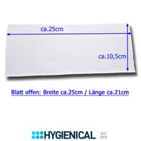 Einzelnes Papierhandtuch mit Maßangabe ca. 25 cm Breite, ca. 10,5 cm Höhe