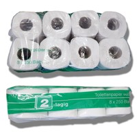 Zwei Folienpackungen Toilettenpapier 2-lagig, 8 x 250 Blatt, Draufsicht und Seite