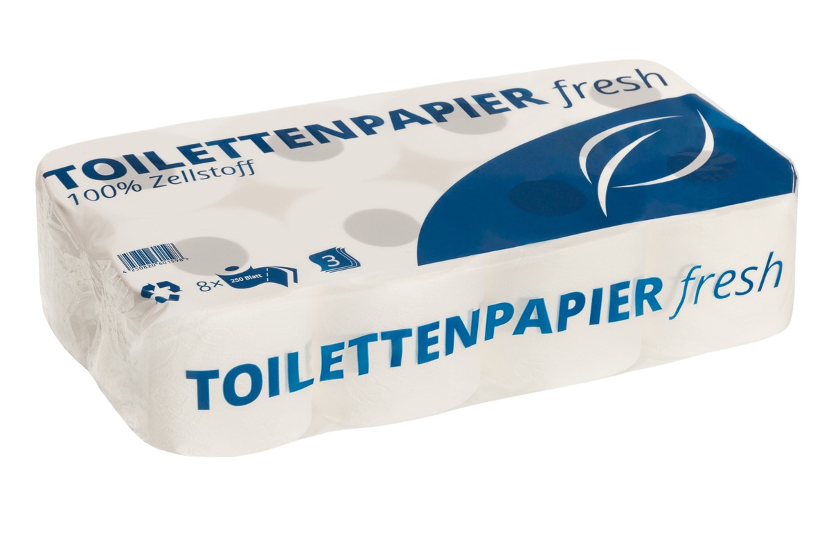 Folienpackung Toilettenpapier fresh 8 Rollen mit blauem Aufdruck Folienpackung Toilettenpapier fresh 8 Rollen mit blauem Aufdruck