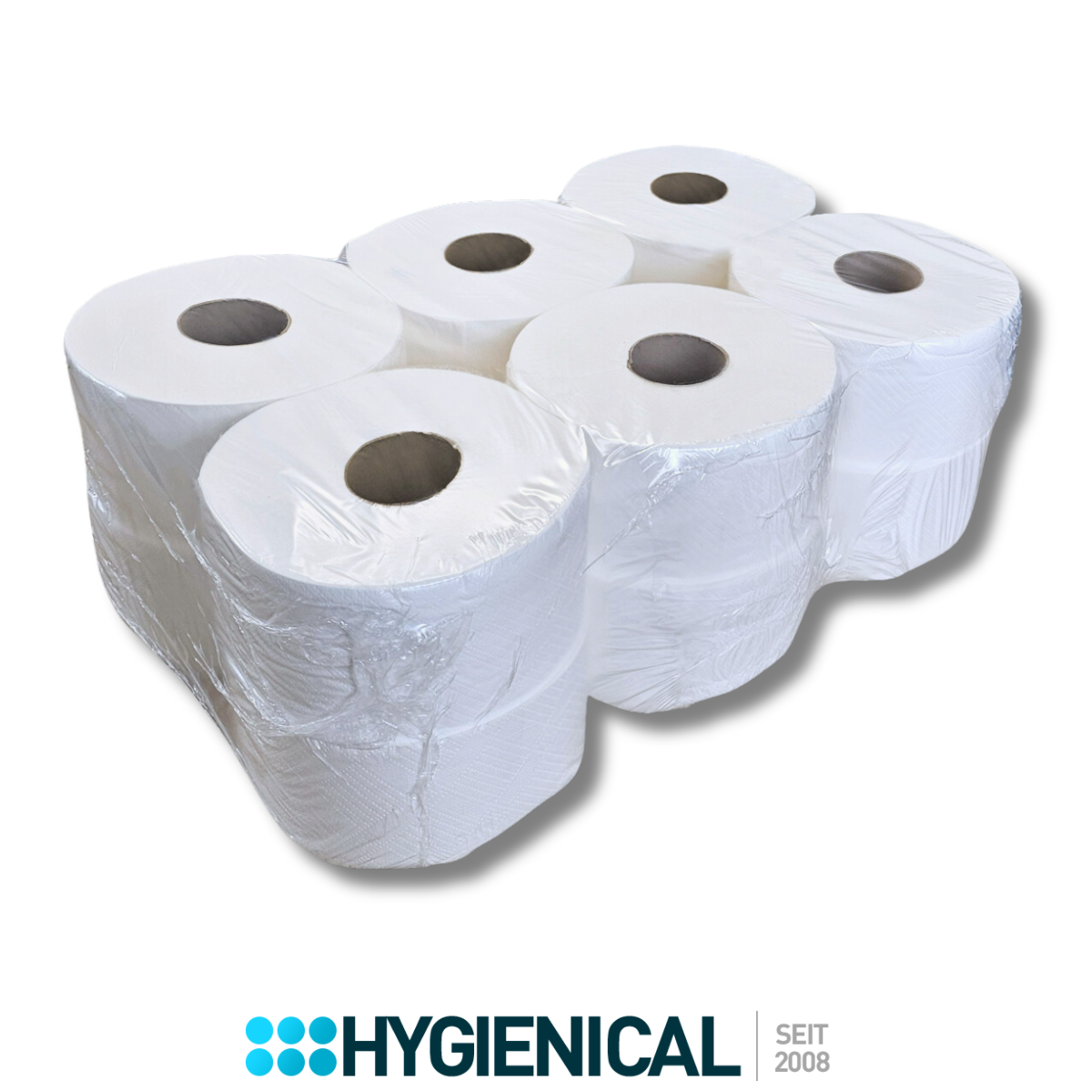 Jumbo-Rollen Toilettenpapier in Folienpackung, Schrägansicht Jumbo-Rollen Toilettenpapier in Folienpackung, Schrägansicht