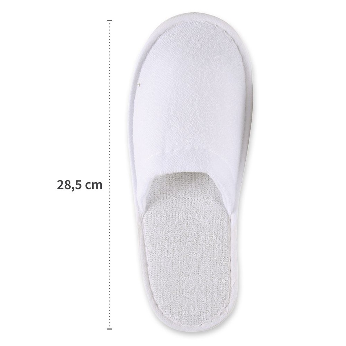 Weißer Hausschuh von oben mit Längenmaß 28,5 cm Weißer Hausschuh von oben mit Längenmaß 28,5 cm