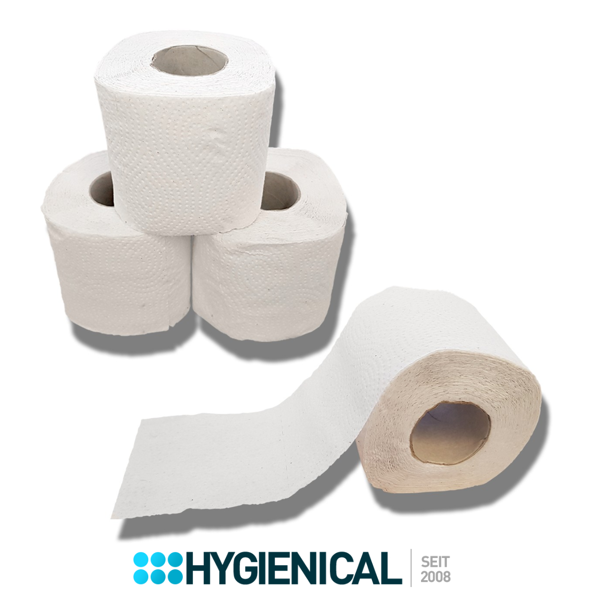 Drei gestapelte Rollen Toilettenpapier und eine abgerollte Rolle davor Drei gestapelte Rollen Toilettenpapier und eine abgerollte Rolle davor