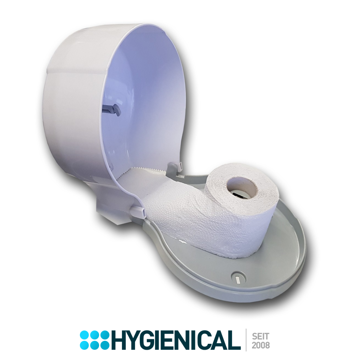 Geöffneter runder weißer Spender mit eingelegter Toilettenpapierrolle Geöffneter runder weißer Spender mit eingelegter Toilettenpapierrolle
