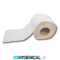 Einzelne Toilettenpapierrolle mit abgerolltem Blatt, Hülse seitlich sichtbar