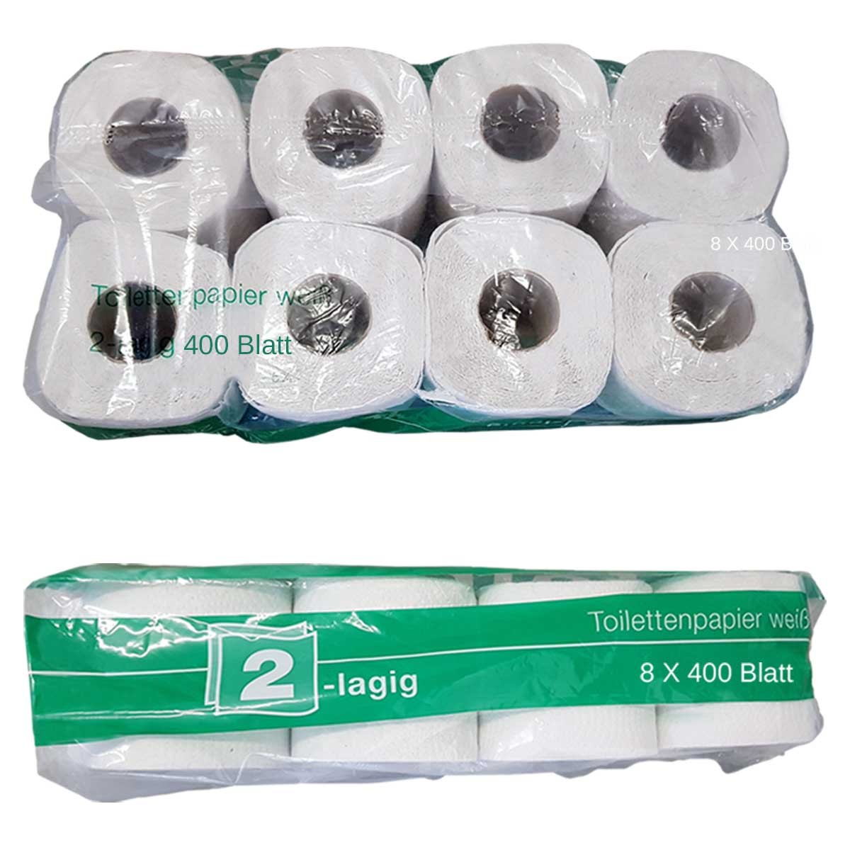 Folienpackung mit acht Rollen, Aufdruck 2-lagig und 8 x 400 Blatt Folienpackung mit acht Rollen, Aufdruck 2-lagig und 8 x 400 Blatt