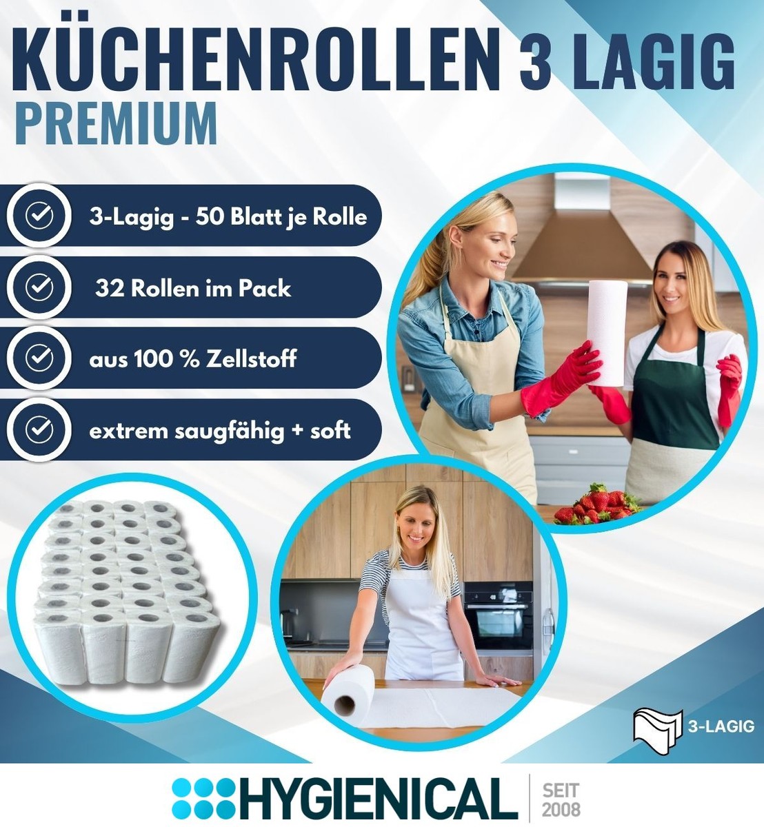 Grafik: 3-lagig, 50 Blatt je Rolle, 32 Rollen im Pack, 100 % Zellstoff, extrem saugfähig