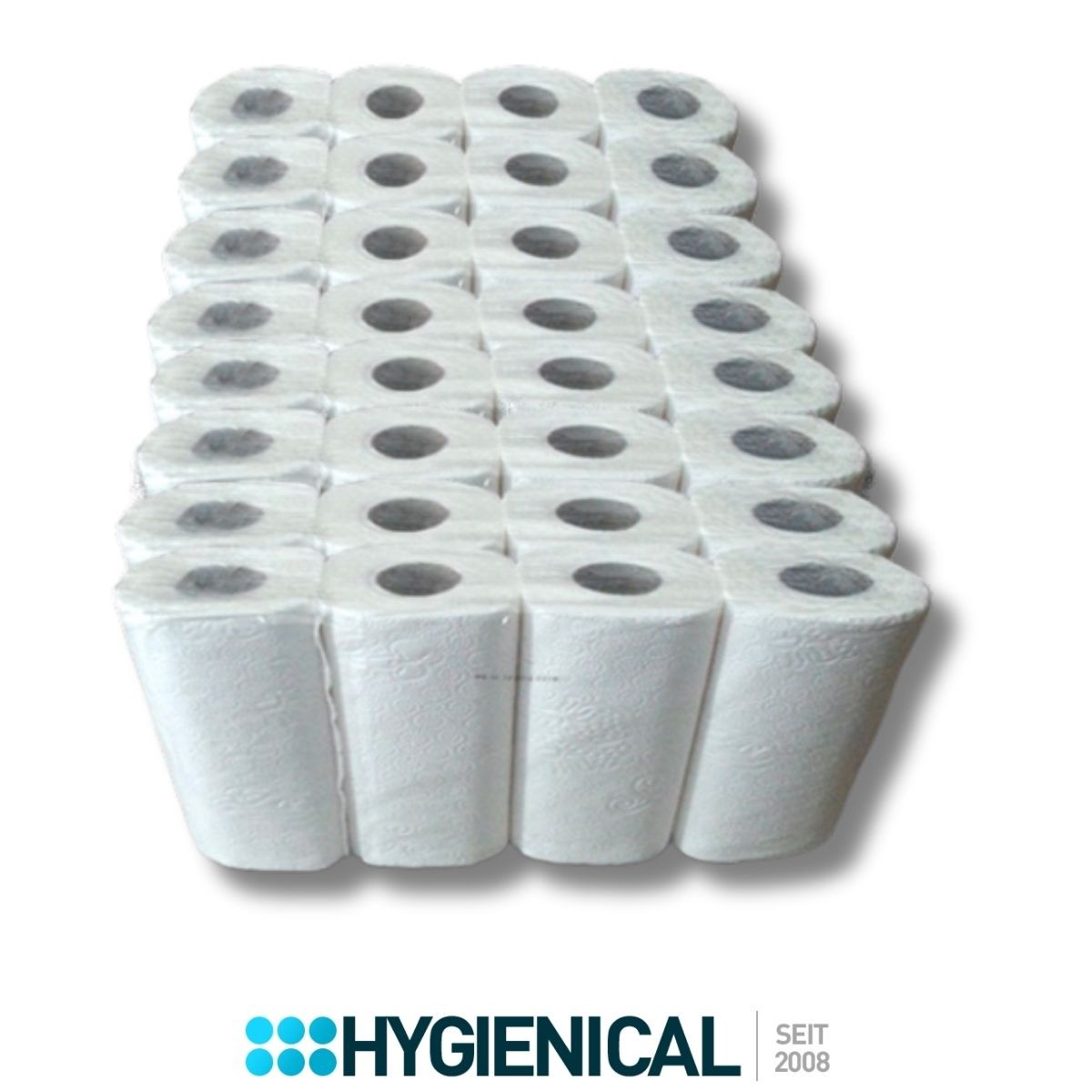Pack mit 32 Küchenrollen in vier Spalten, schräge Draufsicht auf die Hülsen Pack mit 32 Küchenrollen in vier Spalten, schräge Draufsicht auf die Hülsen
