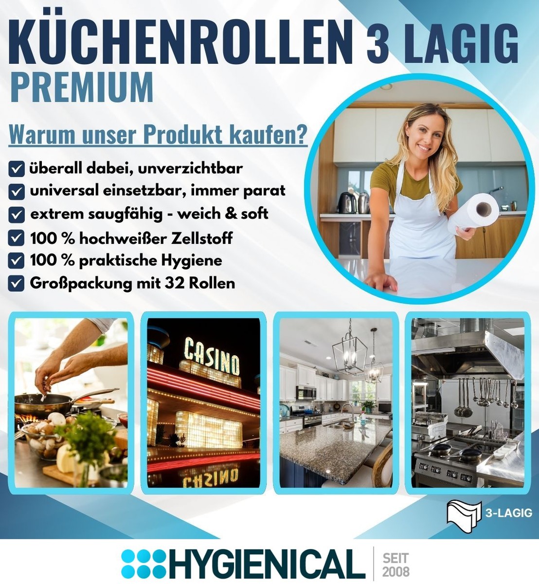 Grafik mit Vorteilen: universell einsetzbar, 100 % hochweißer Zellstoff, Großpackung mit 32 Rollen