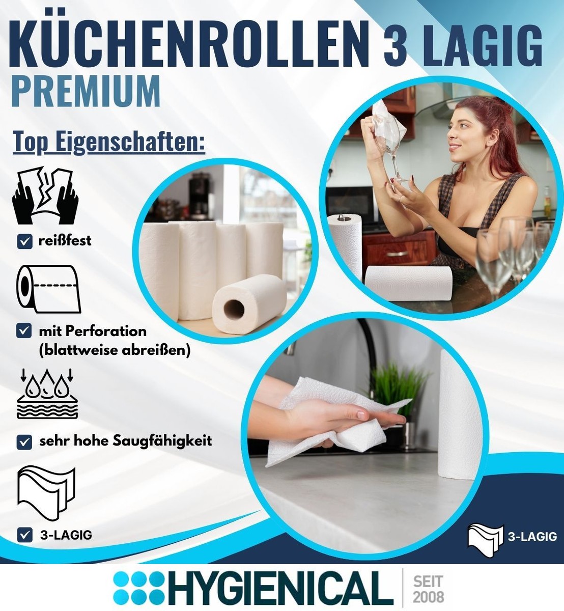 Grafik Top Eigenschaften: reißfest, mit Perforation, sehr hohe Saugfähigkeit, 3-lagig Grafik Top Eigenschaften: reißfest, mit Perforation, sehr hohe Saugfähigkeit, 3-lagig