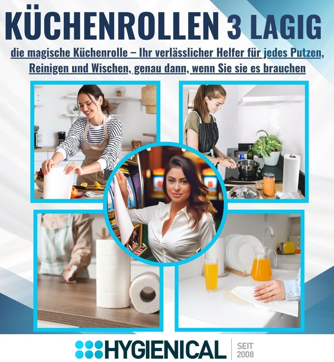 Grafik: Küchenrolle als Helfer beim Putzen, Reinigen und Wischen, fünf Szenen mit Personen