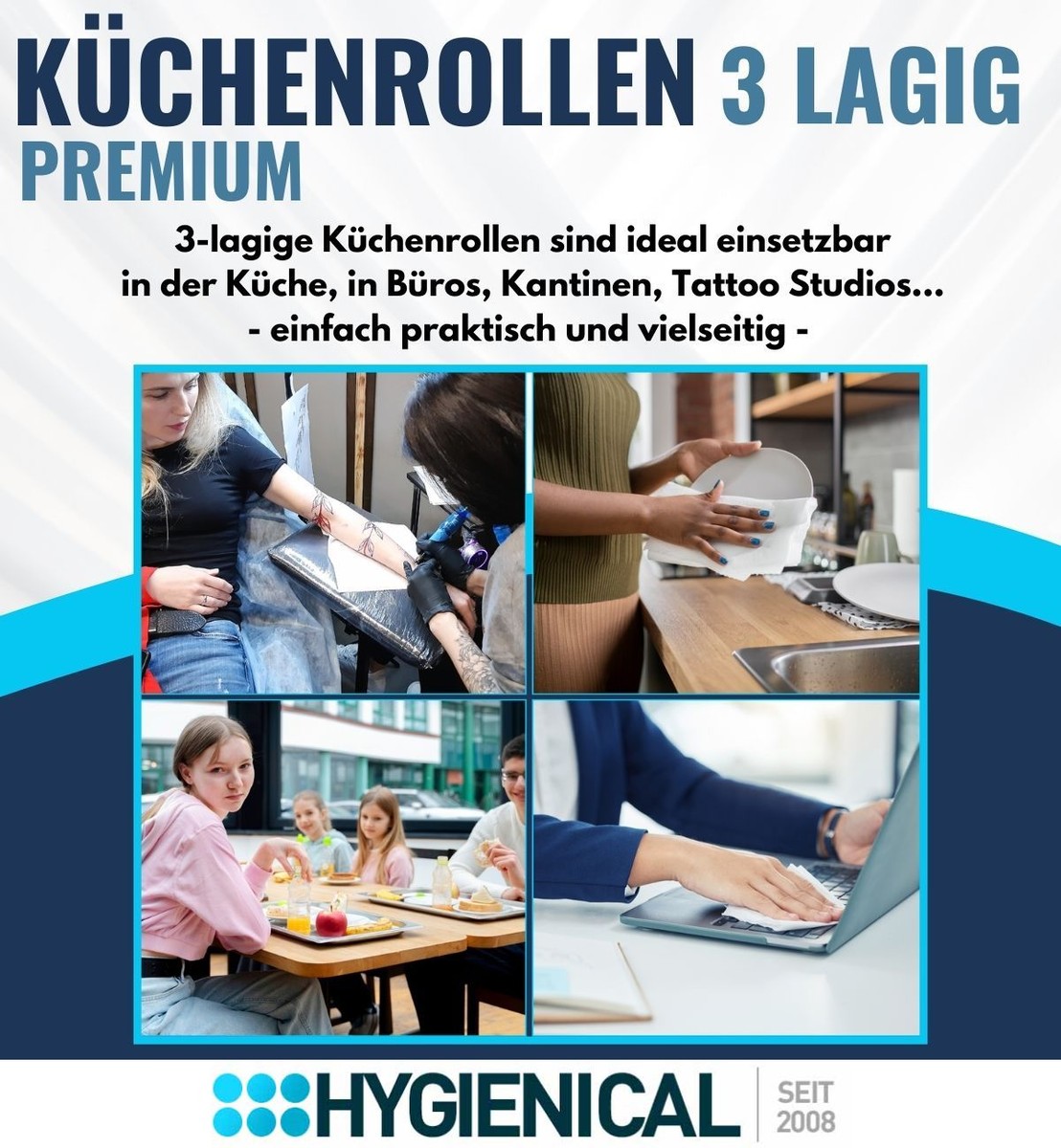 Grafik: 3-lagige Küchenrollen für Küche, Büros, Kantinen und Tattoo Studios, vier Szenen Grafik: 3-lagige Küchenrollen für Küche, Büros, Kantinen und Tattoo Studios, vier Szenen