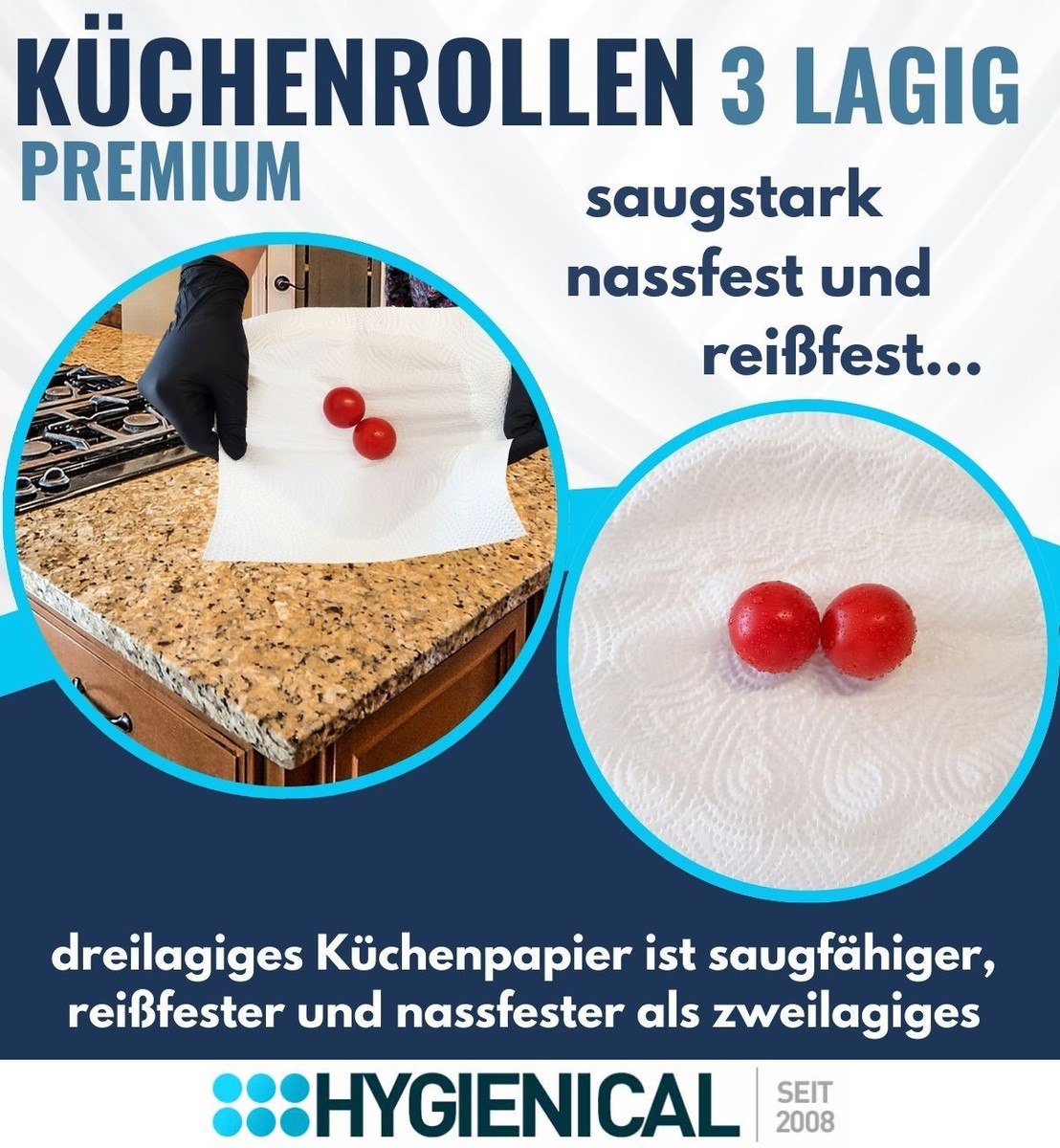 Grafik: dreilagiges Küchenpapier saugstark, nassfest und reißfest, Vergleich mit zweilagigem Papier Grafik: dreilagiges Küchenpapier saugstark, nassfest und reißfest, Vergleich mit zweilagigem Papier