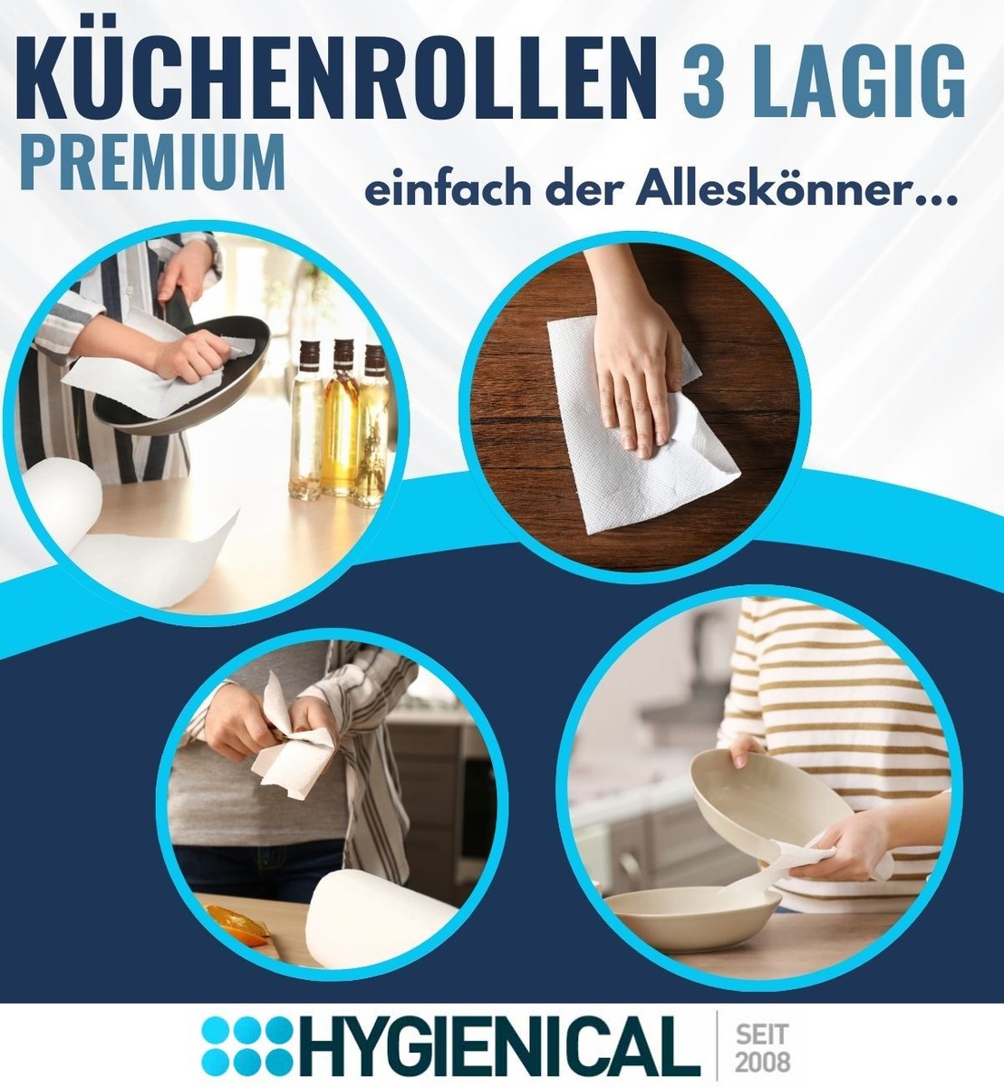 Grafik: Küchenrolle als Alleskönner, vier Szenen mit Papier zum Abwischen und Trocknen Grafik: Küchenrolle als Alleskönner, vier Szenen mit Papier zum Abwischen und Trocknen