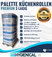 Grafik zur Palette Küchenrollen 3-lagig: 32 Rollen im Pack, 24 Pack, 768 Rollen, 100 % Zellstoff
