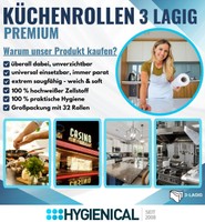Grafik mit Vorteilen: universell einsetzbar, 100 % hochweißer Zellstoff, Großpackung mit 32 Rollen
