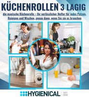Grafik: Küchenrolle als Helfer beim Putzen, Reinigen und Wischen, fünf Szenen mit Personen