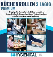 Grafik: 3-lagige Küchenrollen für Küche, Büros, Kantinen und Tattoo Studios, vier Szenen