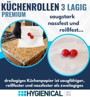 Grafik: dreilagiges Küchenpapier saugstark, nassfest und reißfest, Vergleich mit zweilagigem Papier