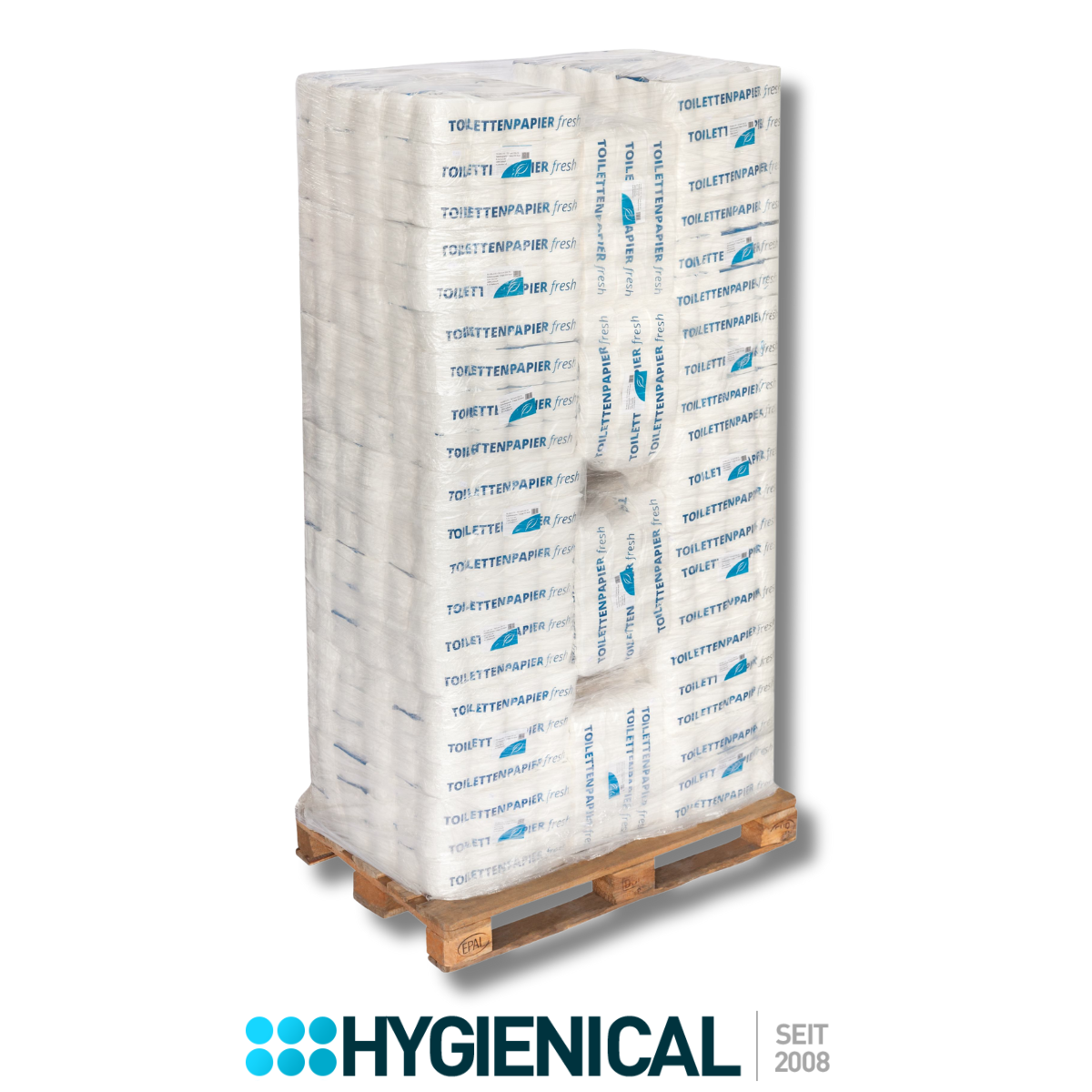 Palette Toilettenpapier 4-lagig, mit Folie umwickelt auf Holzpalette, Frontansicht Palette Toilettenpapier 4-lagig, mit Folie umwickelt auf Holzpalette, Frontansicht