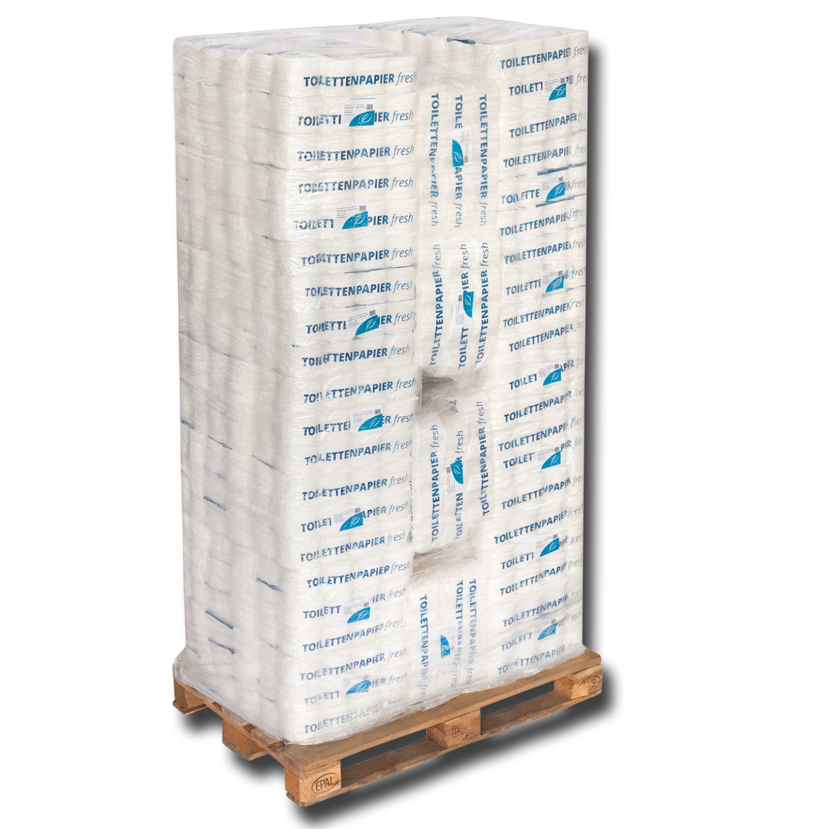 Gefüllte Palette Toilettenpapier in Folie, leicht seitlich von vorn gesehen Gefüllte Palette Toilettenpapier in Folie, leicht seitlich von vorn gesehen