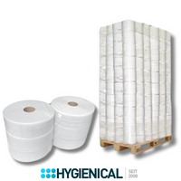 Jumbo-Toilettenpapierrollen, zwei davor, dahinter eine verpackte Palette
