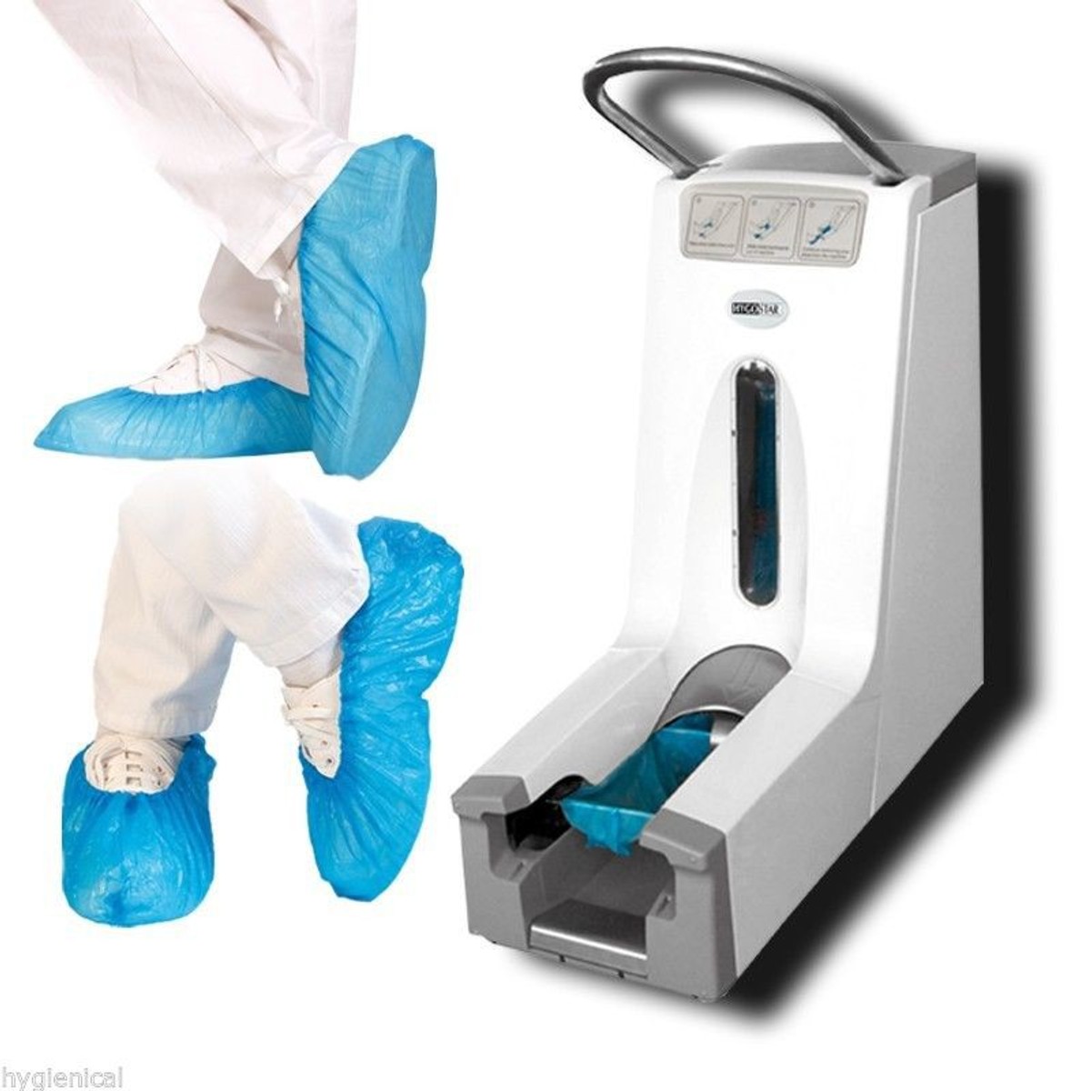 Füße mit blauen Überschuhen neben dem Überschuhspender
