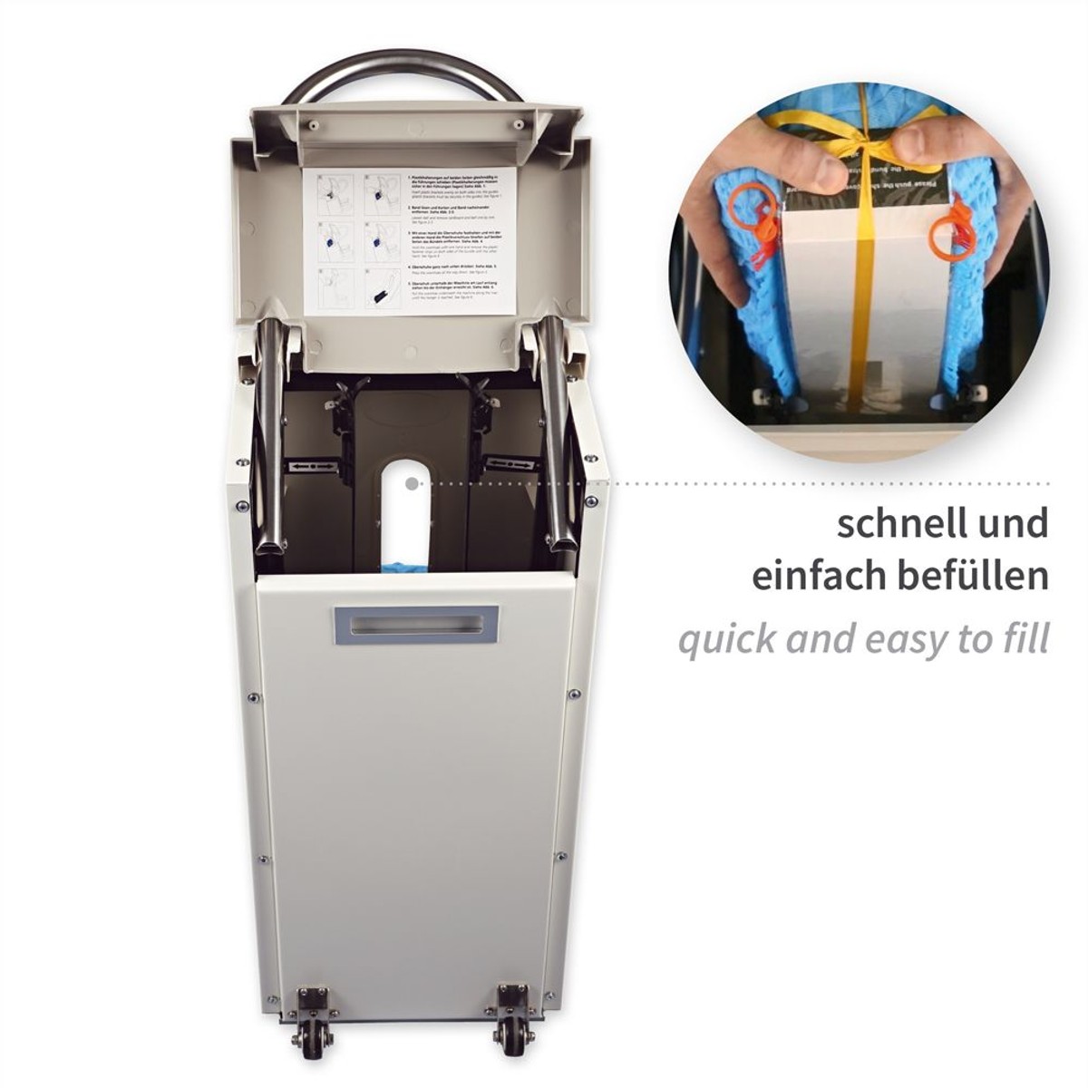 Geöffneter Spender von hinten, Hinweis schnell und einfach befüllen Geöffneter Spender von hinten, Hinweis schnell und einfach befüllen