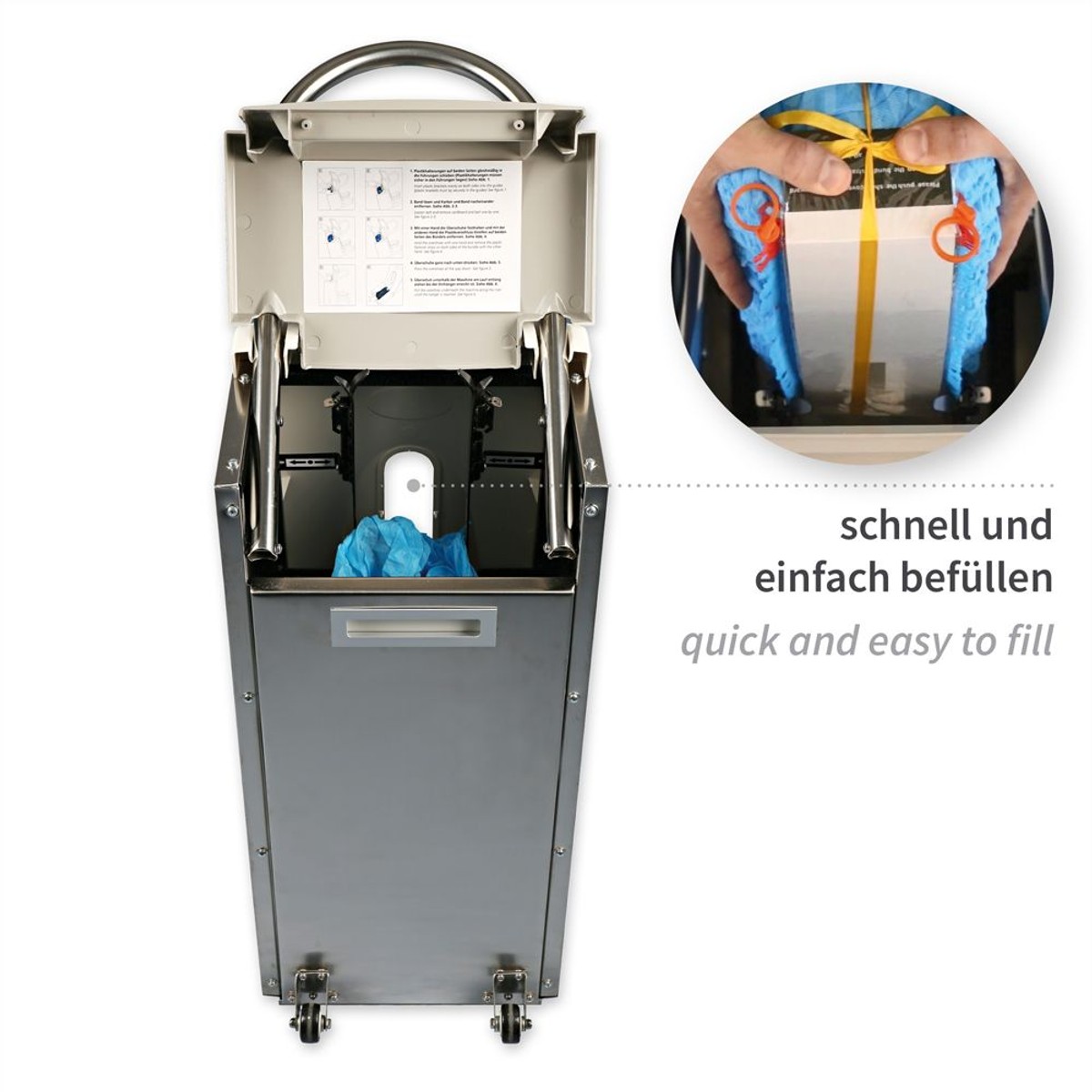Geöffneter Überschuhspender von hinten, befüllt mit gebundenem Überschuh-Paket Geöffneter Überschuhspender von hinten, befüllt mit gebundenem Überschuh-Paket