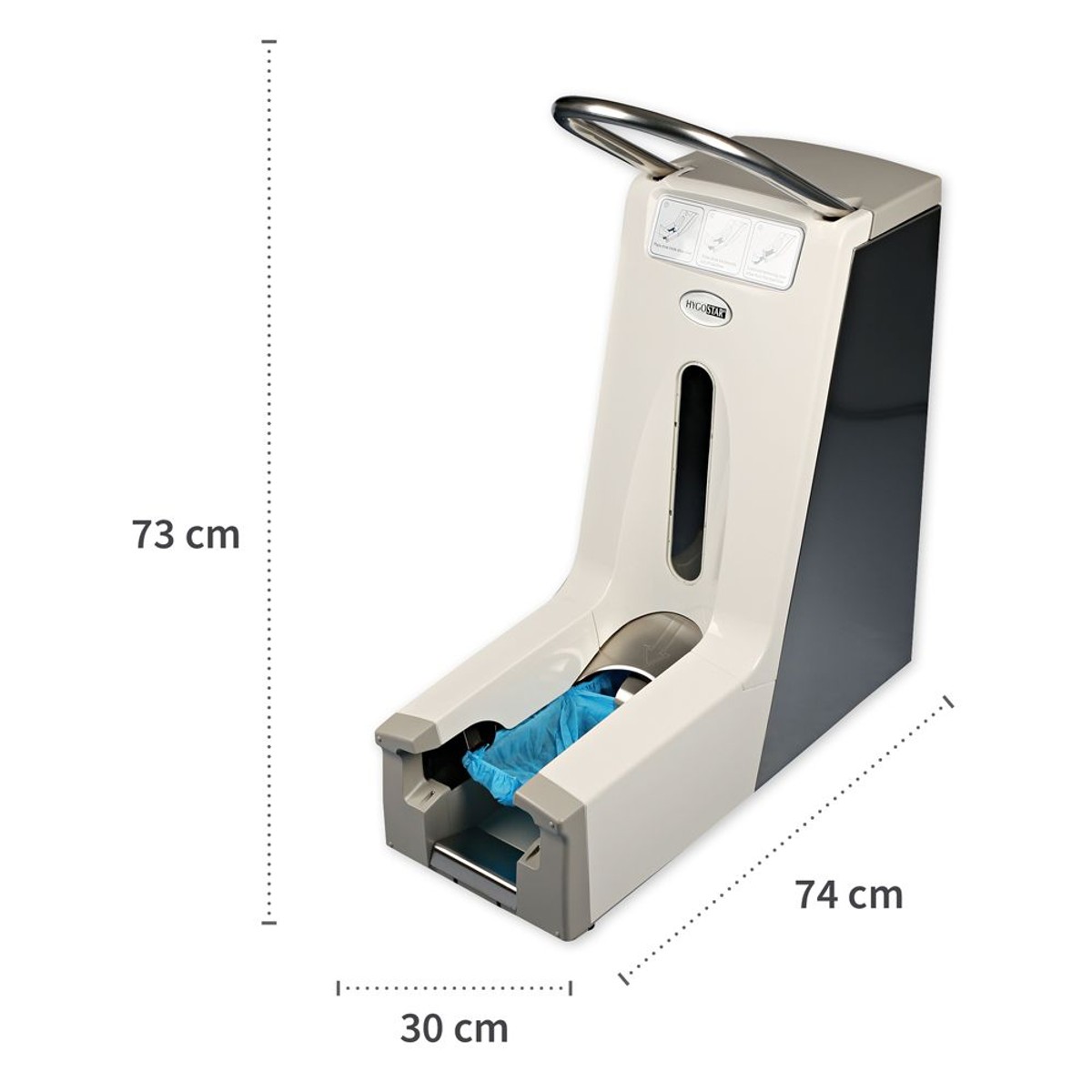 Überschuhspender mit Maßen 73 cm Höhe, 30 cm Breite, 74 cm Tiefe Überschuhspender mit Maßen 73 cm Höhe, 30 cm Breite, 74 cm Tiefe
