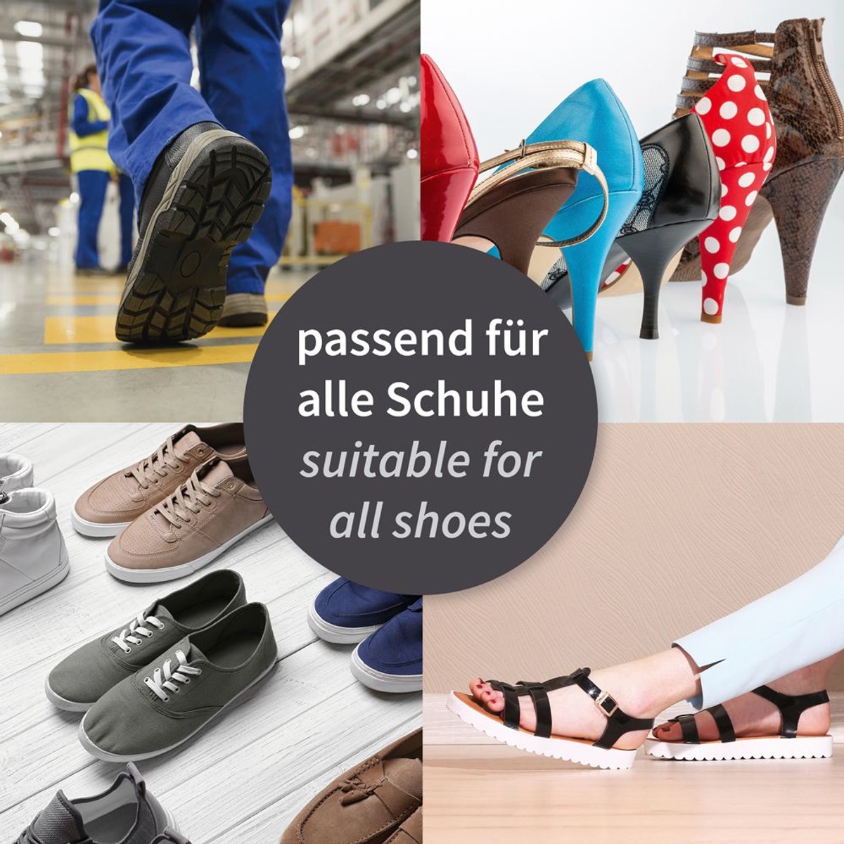 Bildcollage verschiedener Schuhe mit Text passend für alle Schuhe Bildcollage verschiedener Schuhe mit Text passend für alle Schuhe