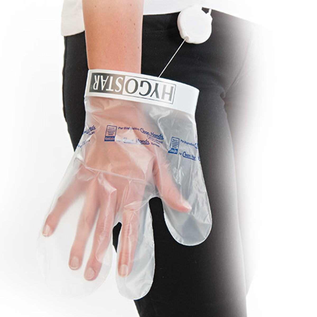 Handschuh mit Armband, Rückholband führt zur Hüfte, Seitenansicht