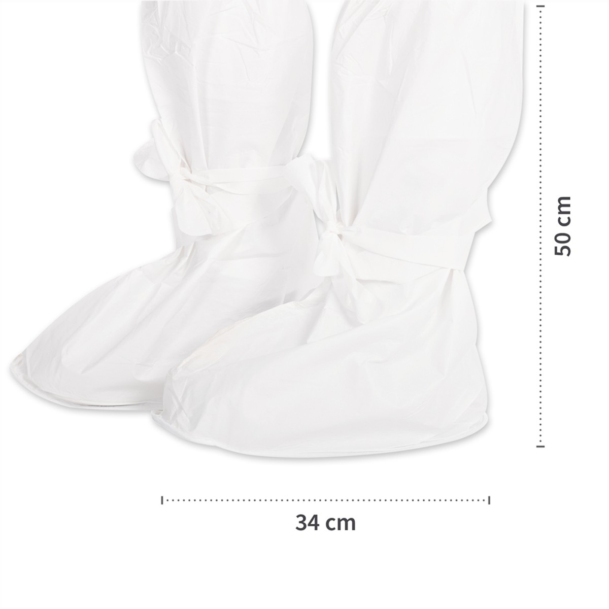 Weißer Überstiefel mit Bindebändern, Seitenansicht mit Maßen 34 cm Länge und 50 cm Höhe