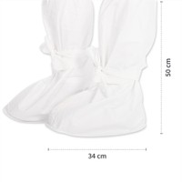 Weißer Überstiefel mit Bindebändern, Seitenansicht mit Maßen 34 cm Länge und 50 cm Höhe
