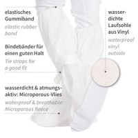Grafik: Überstiefel mit Gummiband, Bindebändern, wasserdichter Vinyl-Laufsohle, mikroporöses Vlies