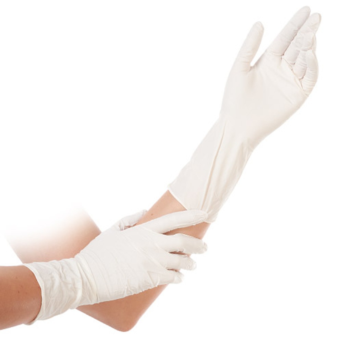 Hände in langen weißen Nitril-Handschuhen, die Handschuhschäfte reichen weit den Arm hinauf Hände in langen weißen Nitril-Handschuhen, die Handschuhschäfte reichen weit den Arm hinauf