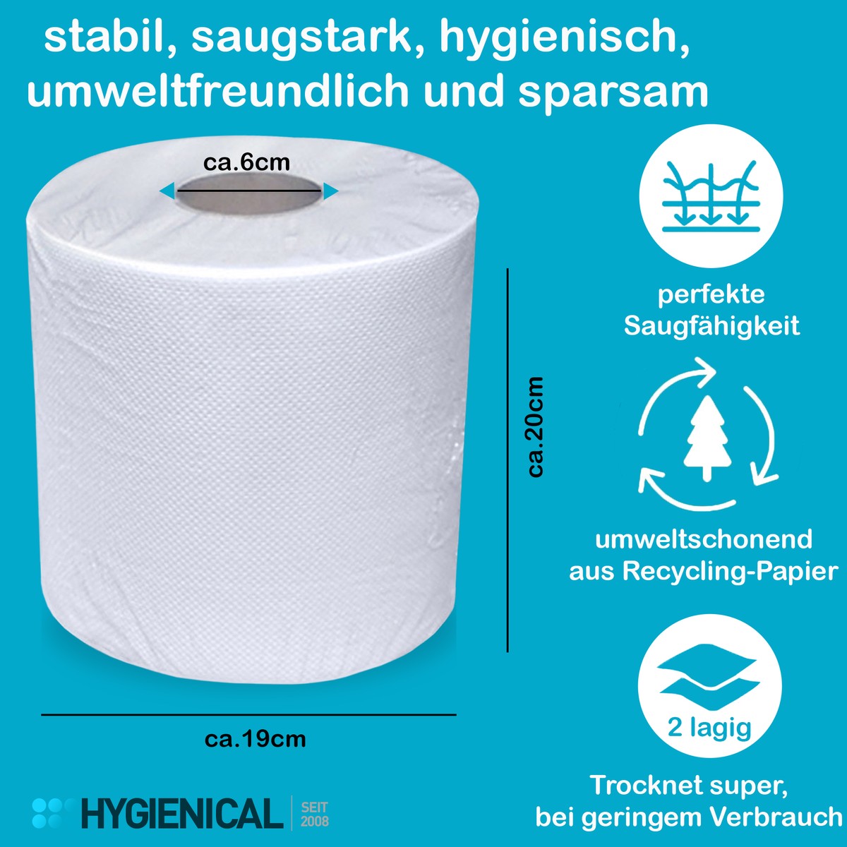 Grafik: Handtuchrolle mit Maßen, saugstark, hygienisch und sparsam, 2-lagig Grafik: Handtuchrolle mit Maßen, saugstark, hygienisch und sparsam, 2-lagig