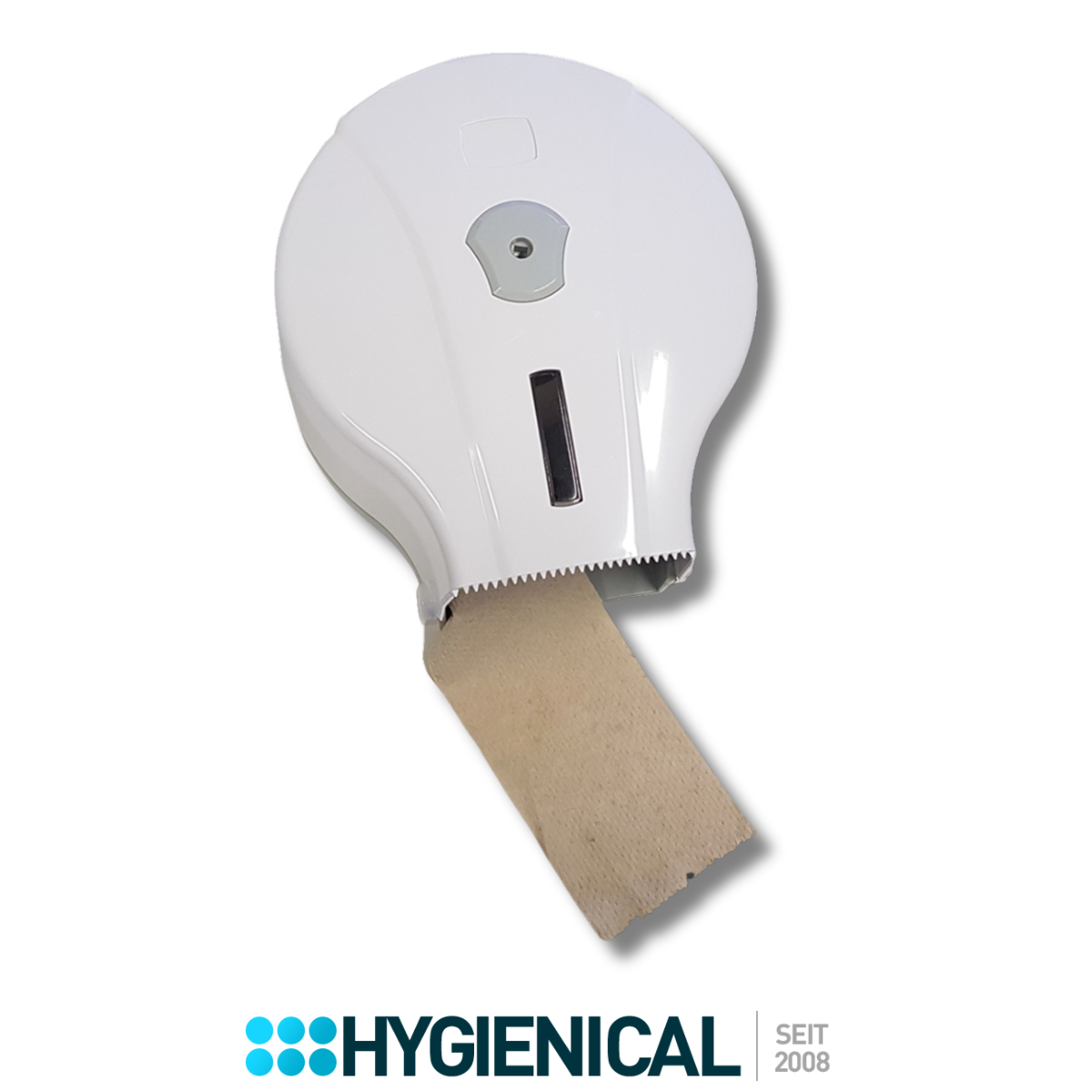 Weißer Toilettenpapierspender mit Papierstreifen am Auslass, geschlossen Weißer Toilettenpapierspender mit Papierstreifen am Auslass, geschlossen