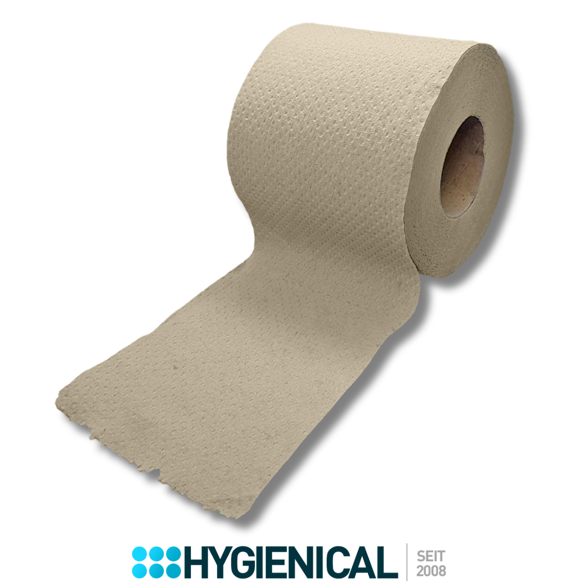 Toilettenpapierrolle von schräg vorn mit herabhängender Papierbahn Toilettenpapierrolle von schräg vorn mit herabhängender Papierbahn