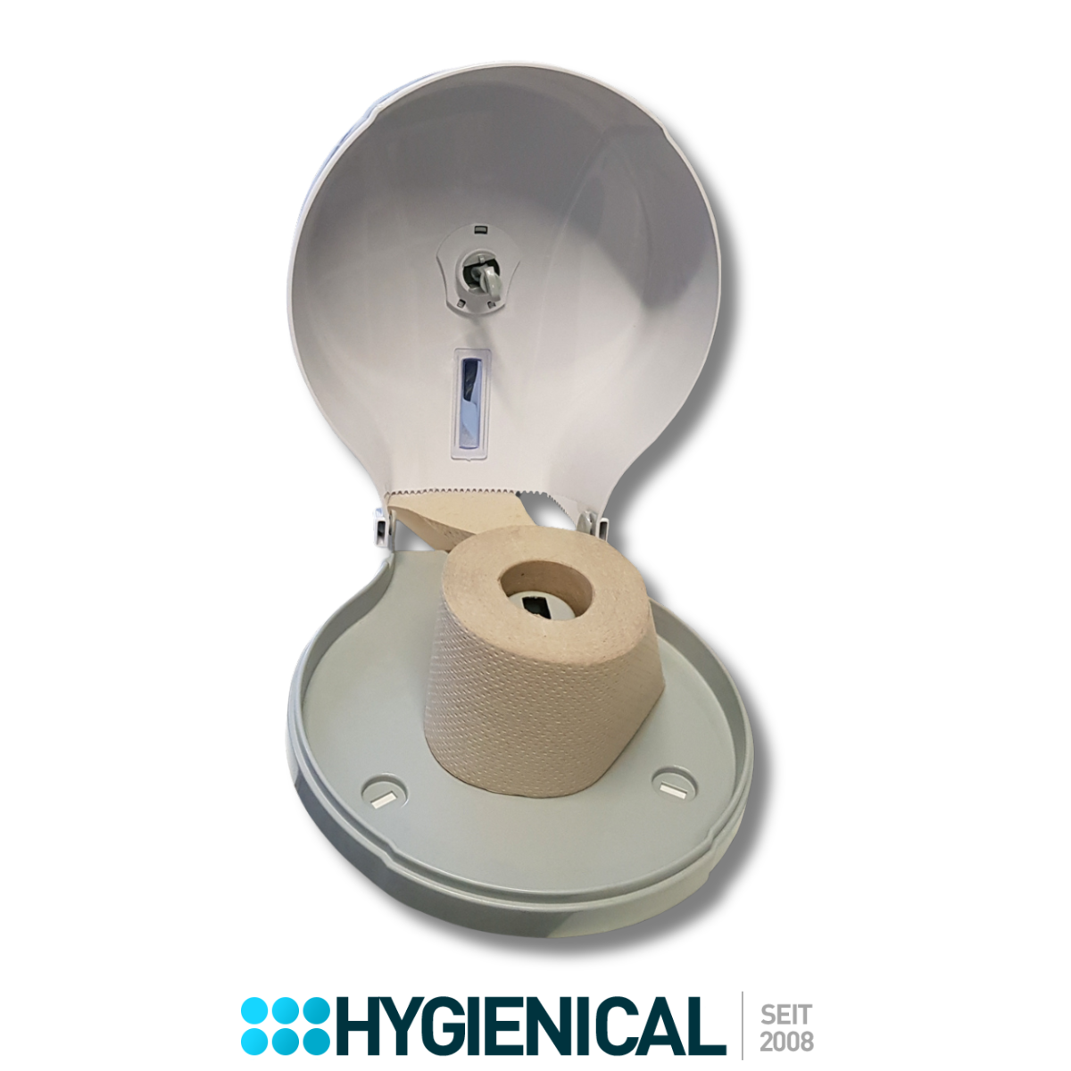 Geöffneter weißer Toilettenpapierspender mit eingelegter Rolle Geöffneter weißer Toilettenpapierspender mit eingelegter Rolle