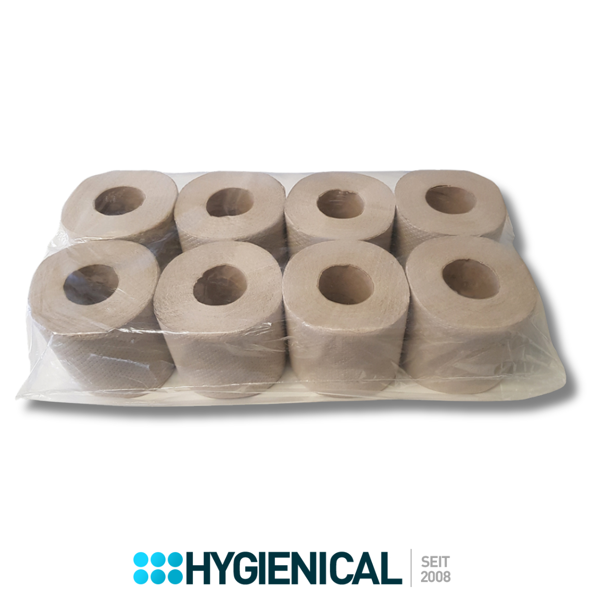 Acht Toilettenpapierrollen in Folie, Draufsicht in zwei Reihen Acht Toilettenpapierrollen in Folie, Draufsicht in zwei Reihen