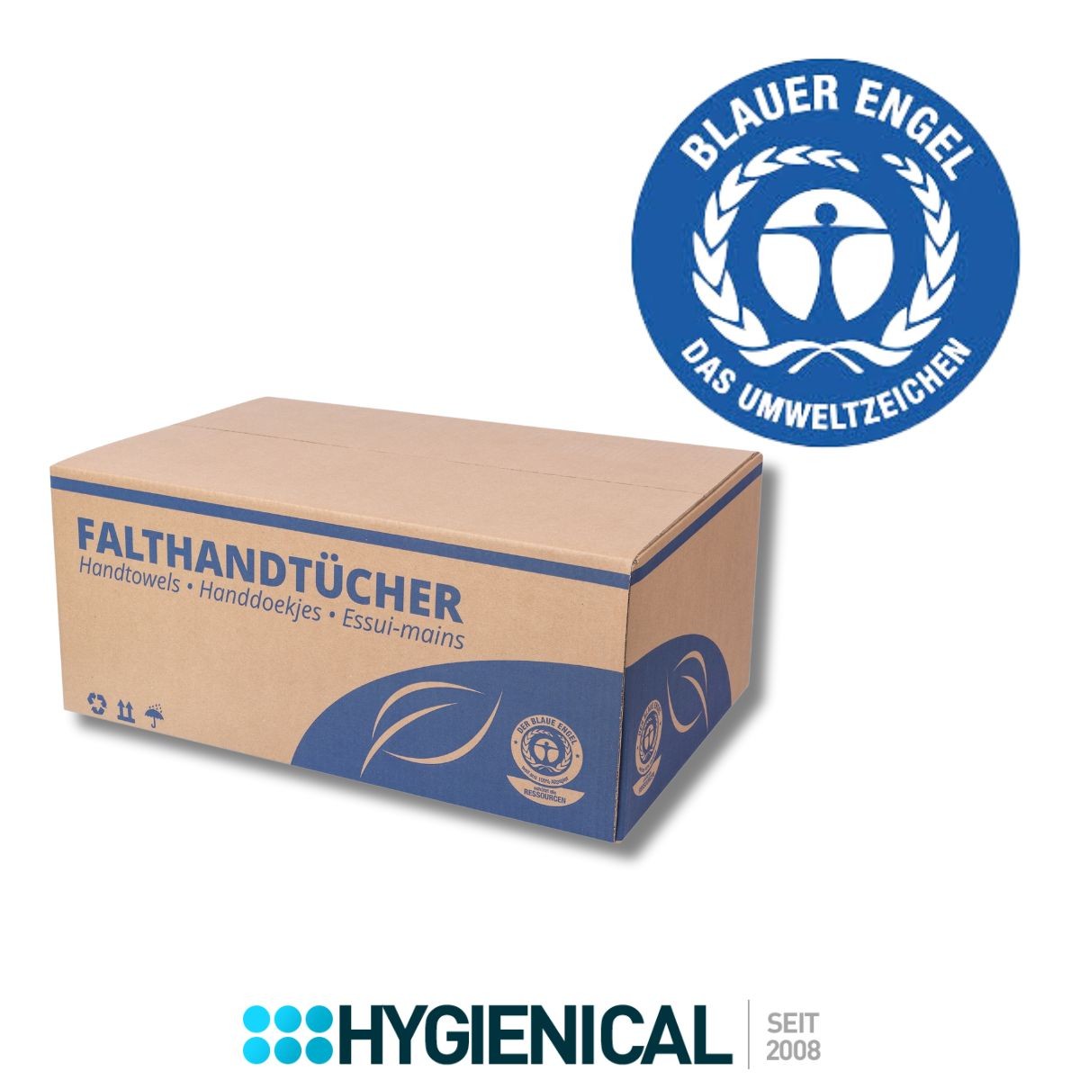 Karton Falthandtücher mit rundem blauem Siegel Blauer Engel oben rechts