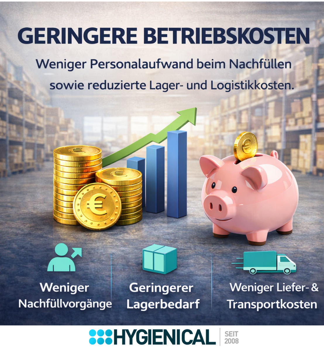 Grafik: geringere Betriebskosten durch weniger Nachfüllvorgänge, weniger Lagerbedarf und Transport Grafik: geringere Betriebskosten durch weniger Nachfüllvorgänge, weniger Lagerbedarf und Transport