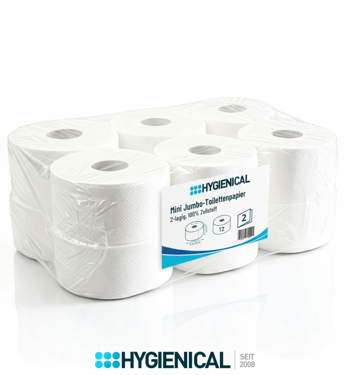 Gebinde mit zwölf Mini-Jumbo-Toilettenpapierrollen in Folie mit Etikett, 2-lagig Gebinde mit zwölf Mini-Jumbo-Toilettenpapierrollen in Folie mit Etikett, 2-lagig