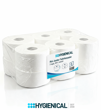 Gebinde mit zwölf Mini-Jumbo-Toilettenpapierrollen in Folie mit Etikett, 2-lagig Gebinde mit zwölf Mini-Jumbo-Toilettenpapierrollen in Folie mit Etikett, 2-lagig