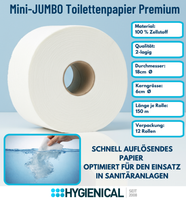 Grafik: Mini-Jumbo-Rolle, 100 % Zellstoff, 2-lagig, 18 cm Durchmesser, 6 cm Kern, 150 m, 12 Rollen
