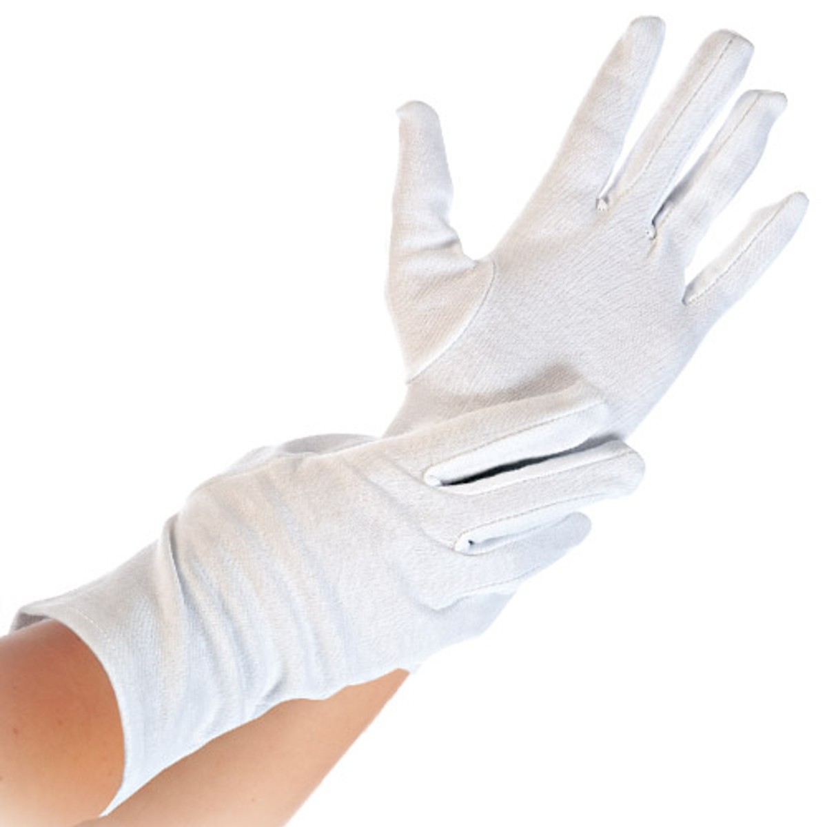 Weiße Baumwollhandschuhe BLANC an zwei Händen, Fingerlagen und Daumen sichtbar Weiße Baumwollhandschuhe BLANC an zwei Händen, Fingerlagen und Daumen sichtbar
