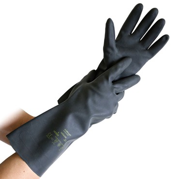 Schwarze lange Neopren-Chemikalienschutzhandschuhe an beiden Händen Schwarze lange Neopren-Chemikalienschutzhandschuhe an beiden Händen