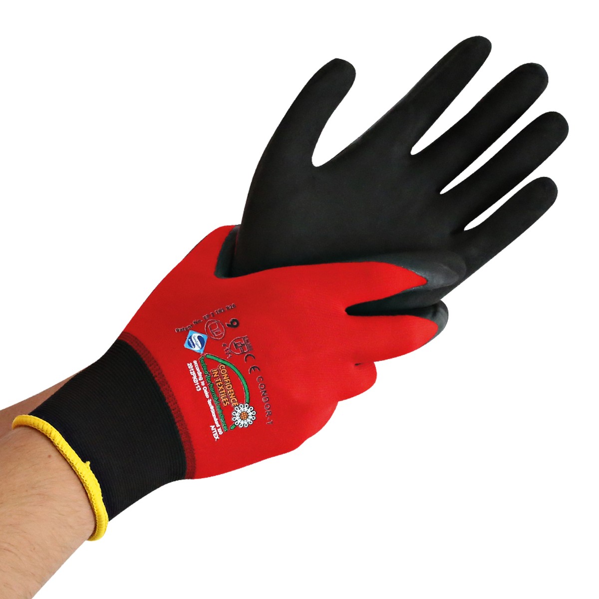 Rote Feinstrick-Handschuhe mit schwarzer Mikroschaum-Beschichtung und gelbem Saum Rote Feinstrick-Handschuhe mit schwarzer Mikroschaum-Beschichtung und gelbem Saum