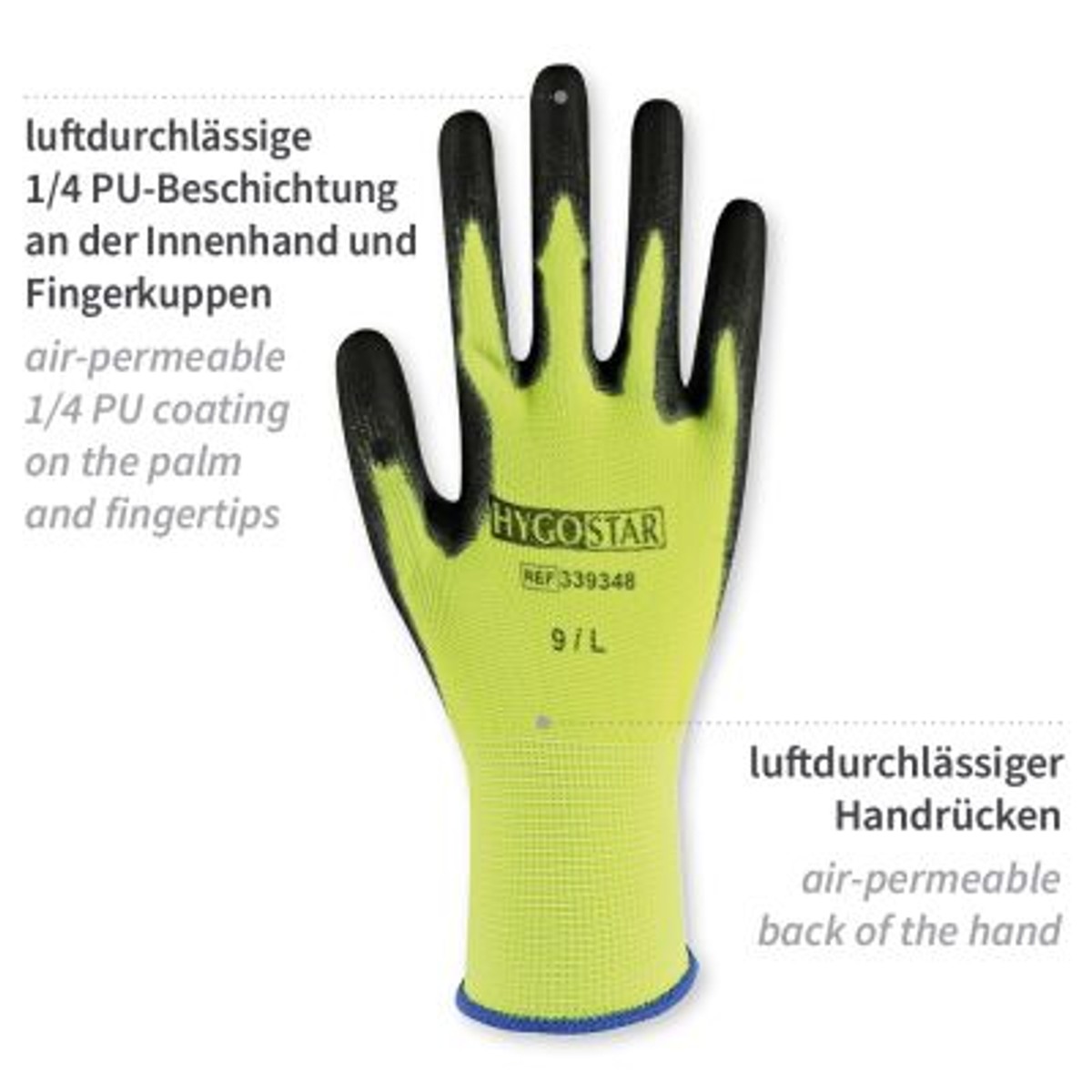 Neongelber Feinstrickhandschuh: luftdurchlässige 1/4 PU-Beschichtung, luftdurchlässiger Handrücken Neongelber Feinstrickhandschuh: luftdurchlässige 1/4 PU-Beschichtung, luftdurchlässiger Handrücken